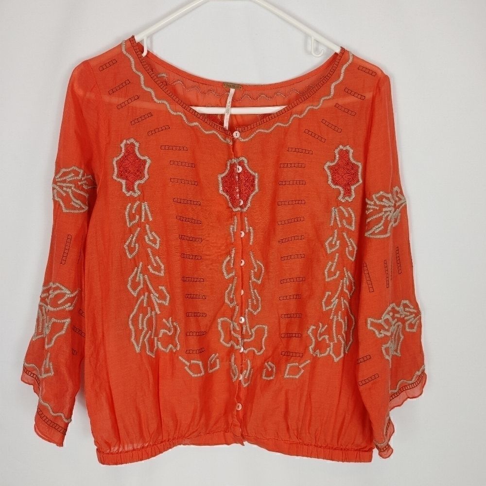 Free People Button Front Boho Blouse Embroidered S - Picture 2 of 6